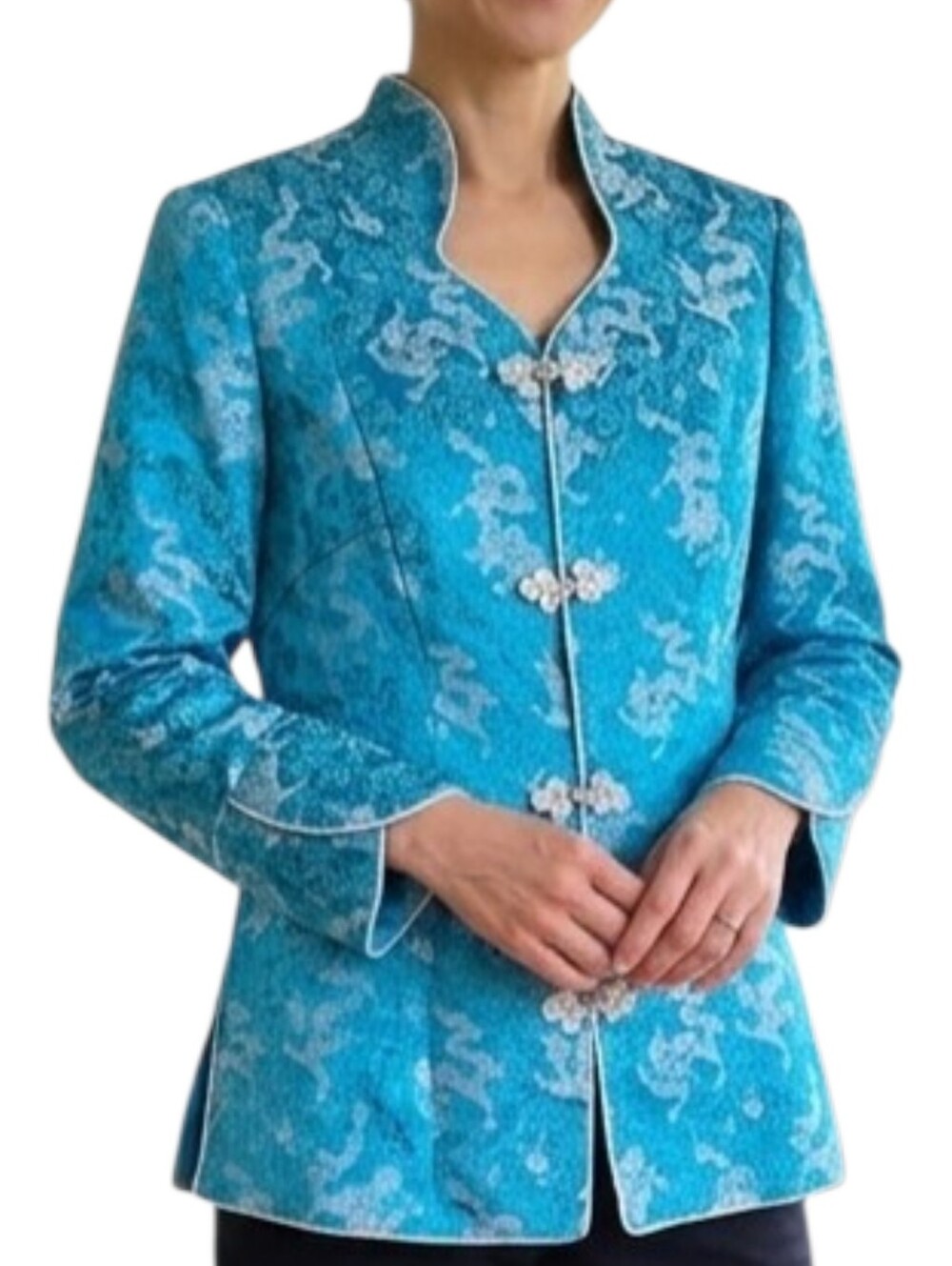 Authentic Chinese Tang Suit Jacket Turquoise Small Tangzhuang East Asian Brocade
